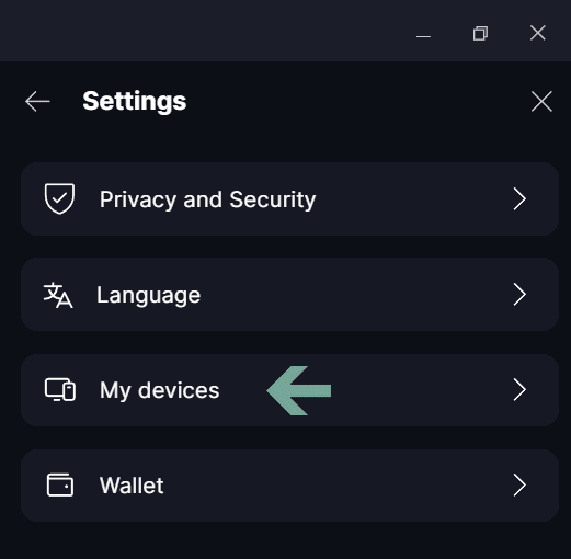 Link Devices Open Keet and go to the 'Profile' / 'Settings' / 'My devices'.