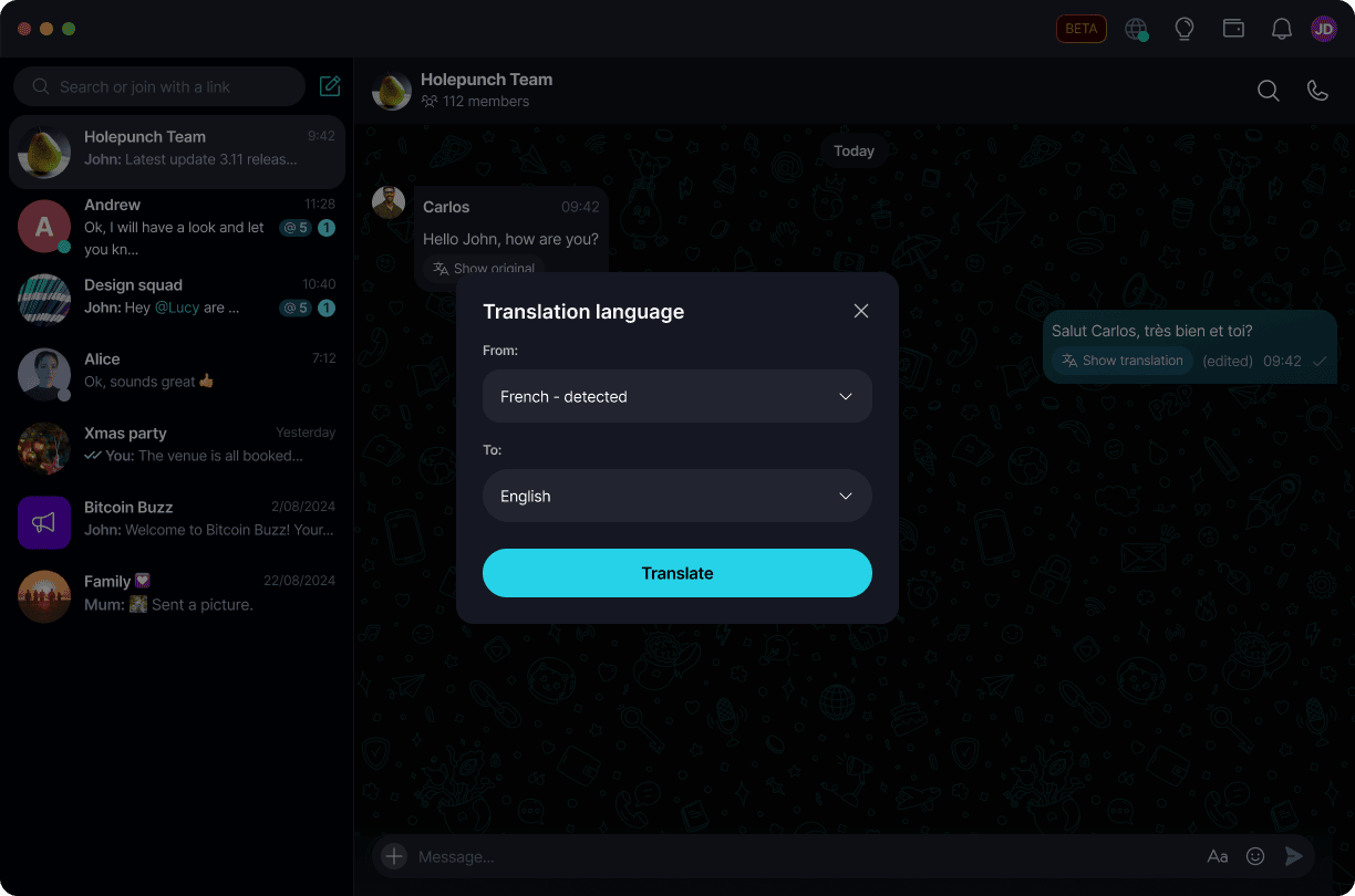 Translate Messages π Β· Desktop Keet detects the source language and lets you choose the target language.
