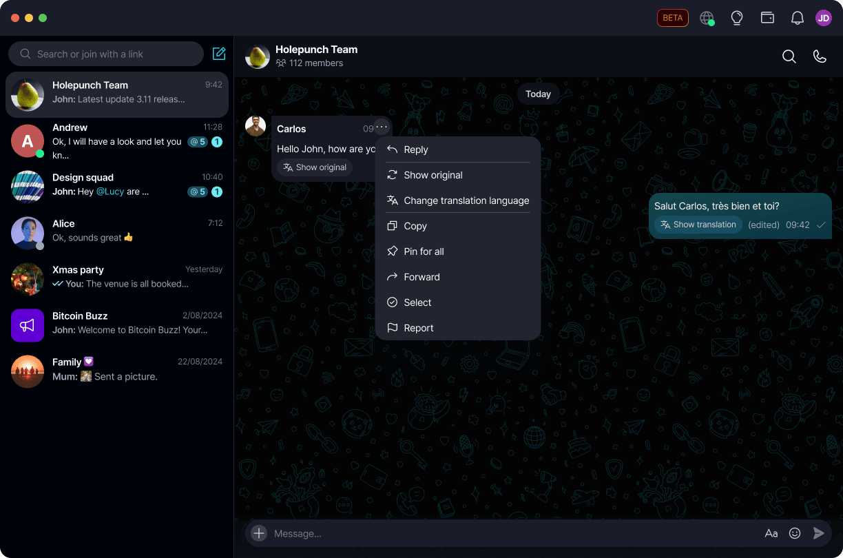 Translate Messages π Β· Desktop Translation options on a translated message.